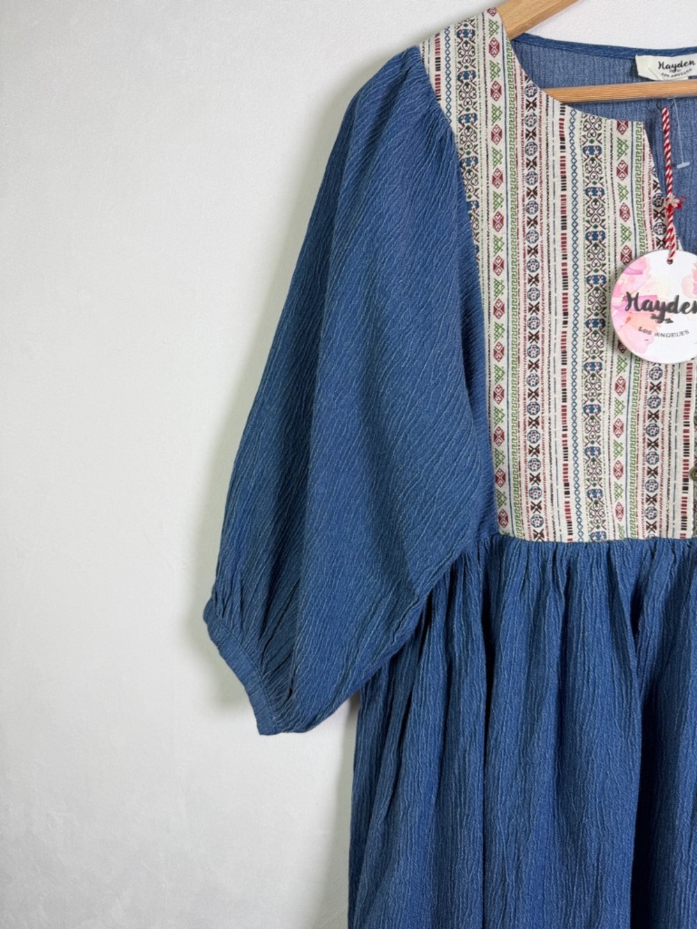 Hayden LA Women’s Blue Prairie Dress Boho Peasant Puff Sleeve Babydoll Sz S - Picture 6 of 10
